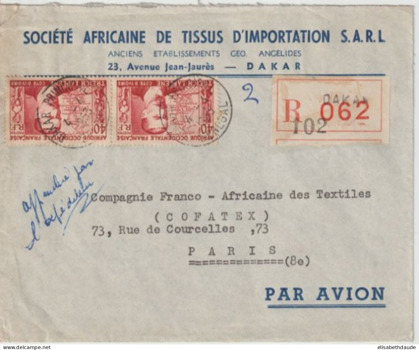 1953 - AOF / SENEGAL - ENVELOPPE RECOMMANDEE Par AVION De DAKAR => PARIS - Covers & Documents