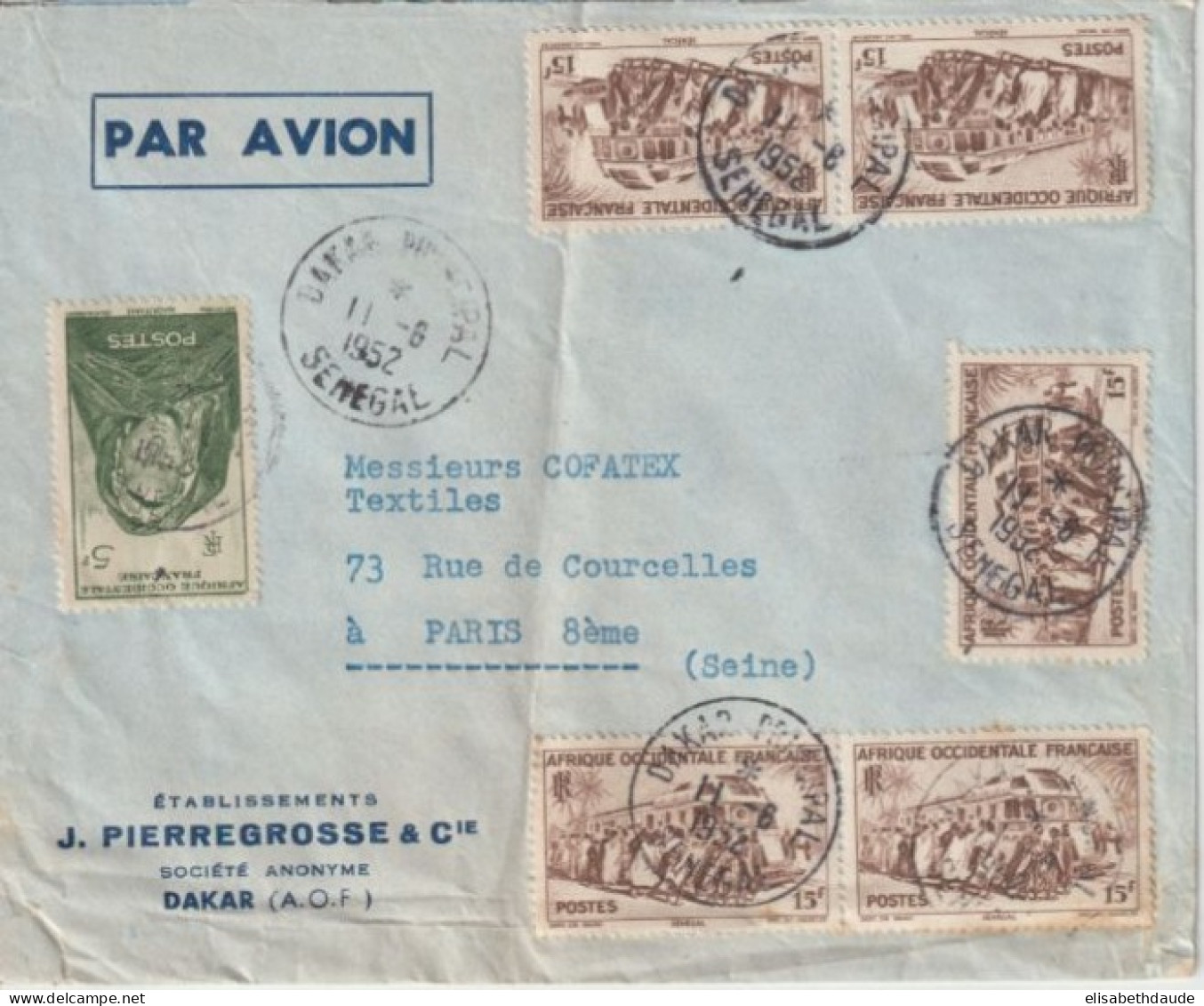 1952 - AOF / SENEGAL - ENVELOPPE Par AVION De DAKAR => PARIS - Storia Postale