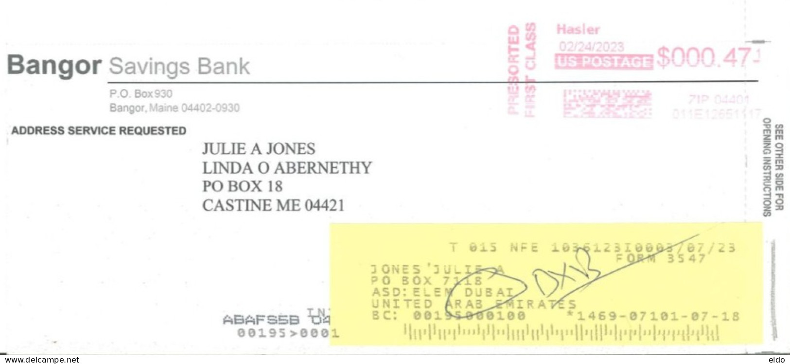 UNITED STATES - 2023, US POSTAGE FRANKING MACHINE COVER TO DUBAI. - Lettres & Documents