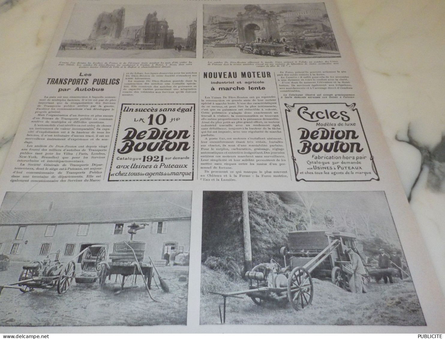 ANCIENNE PUBLICITE TRANSPORTS PUBLICS ET NOUVEAU MOTEUR DE DION BOUTON  1921 - Publicités