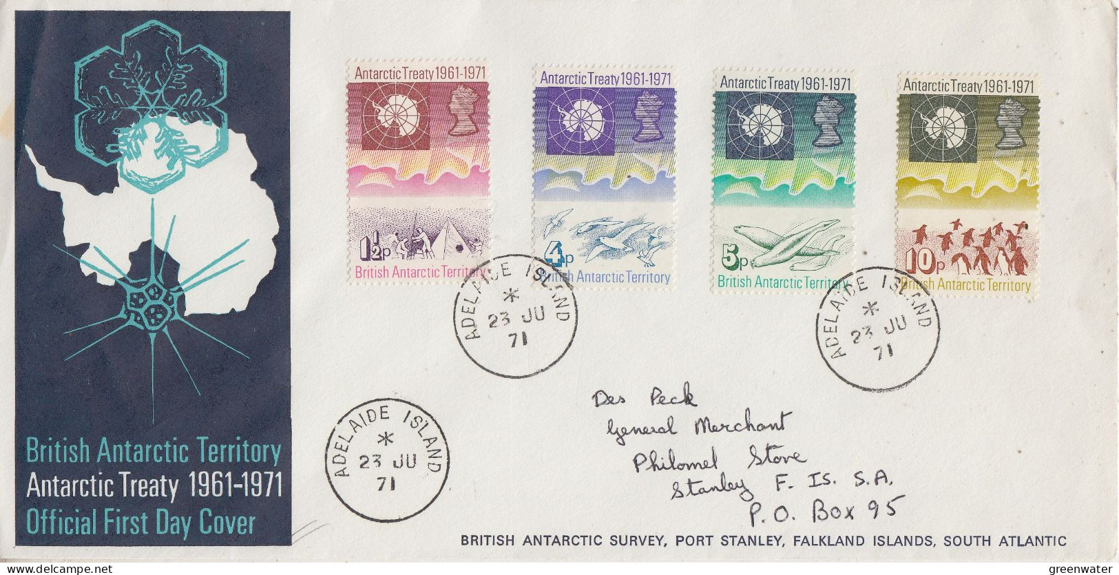 British Antarctic Territory (BAT) 1971 Antarctic Treaty 4v FDC Adelaide Island (FG189) - FDC