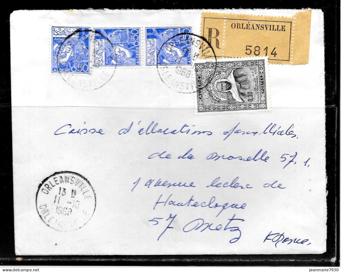 CC245 - ALGERIE - LETTRE RECOMMANDEE DE ORLEANSVILLE DE 1968 POUR METZ - Algeria (1962-...)