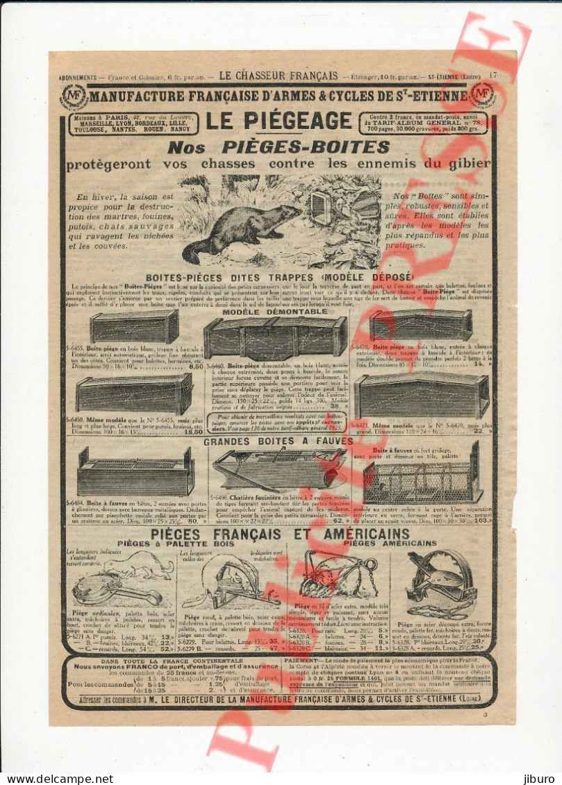 Publicité 1924 Piegeage Pièges-Boites Piège Animal Putois Belette Fouine Hermine Blaireau Boite à Fauves - Publicités