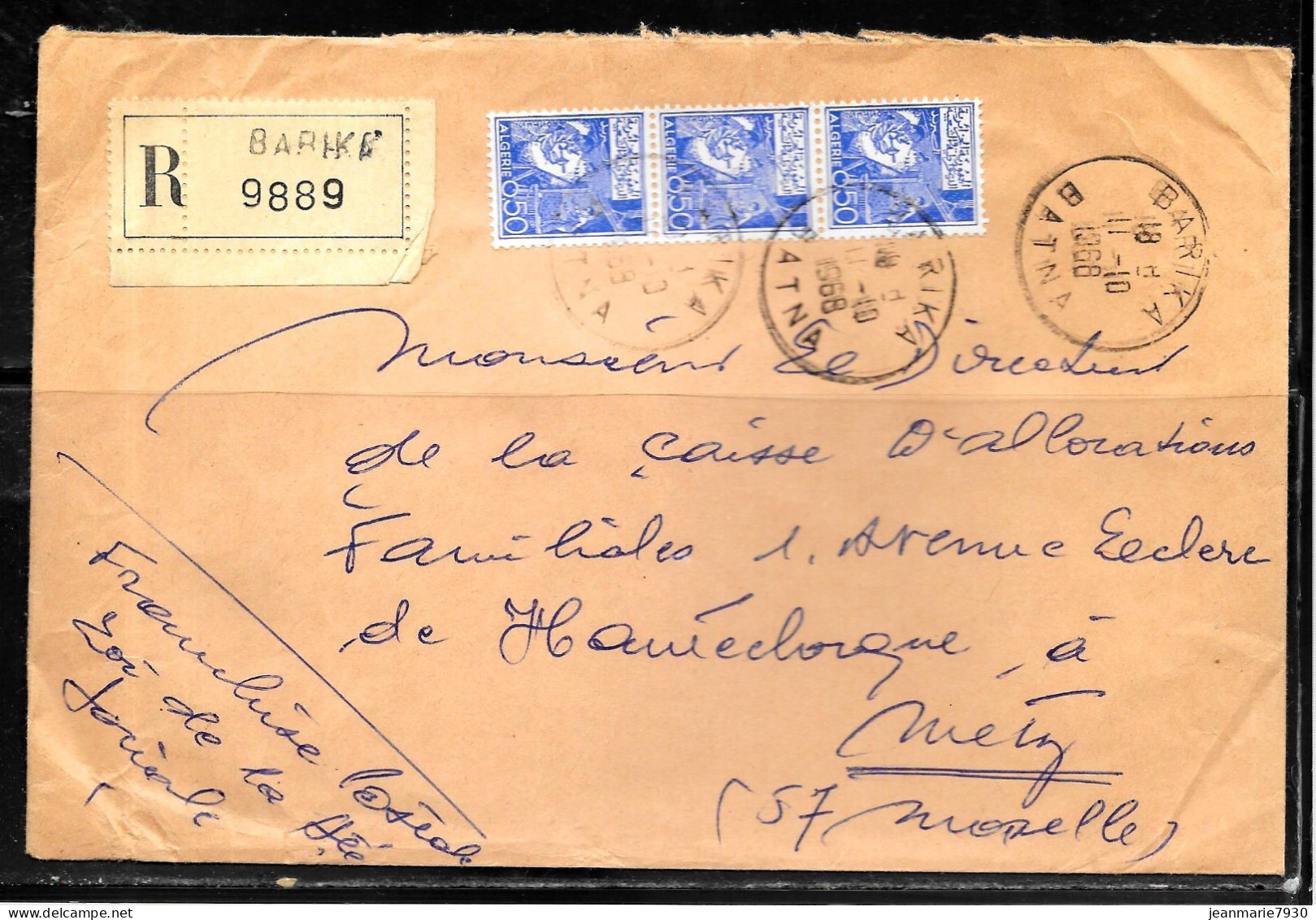 CC244 - ALGERIE - LETTRE RECOMMANDEE DE BARIKA BATNA DE 1968 POUR METZ - Algeria (1962-...)