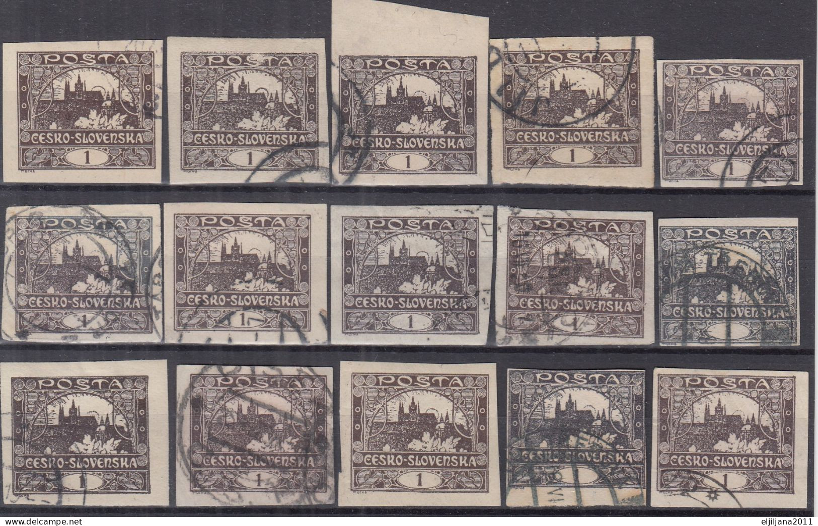 ⁕ Czechoslovakia 1919 ⁕ Hradcany 1 H. Mi.18 ⁕ 15v Used / Shades / Imperf. - Gebruikt