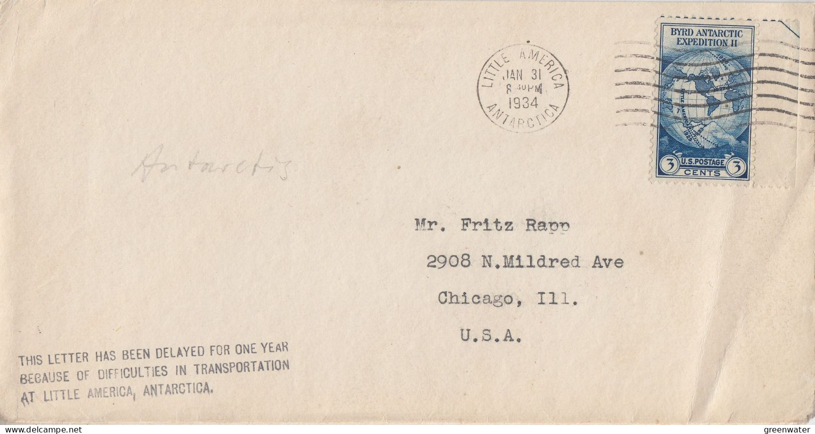 USA 1934 Little America / Byrd DELAYED LETTER (FG190) - Spedizioni Antartiche