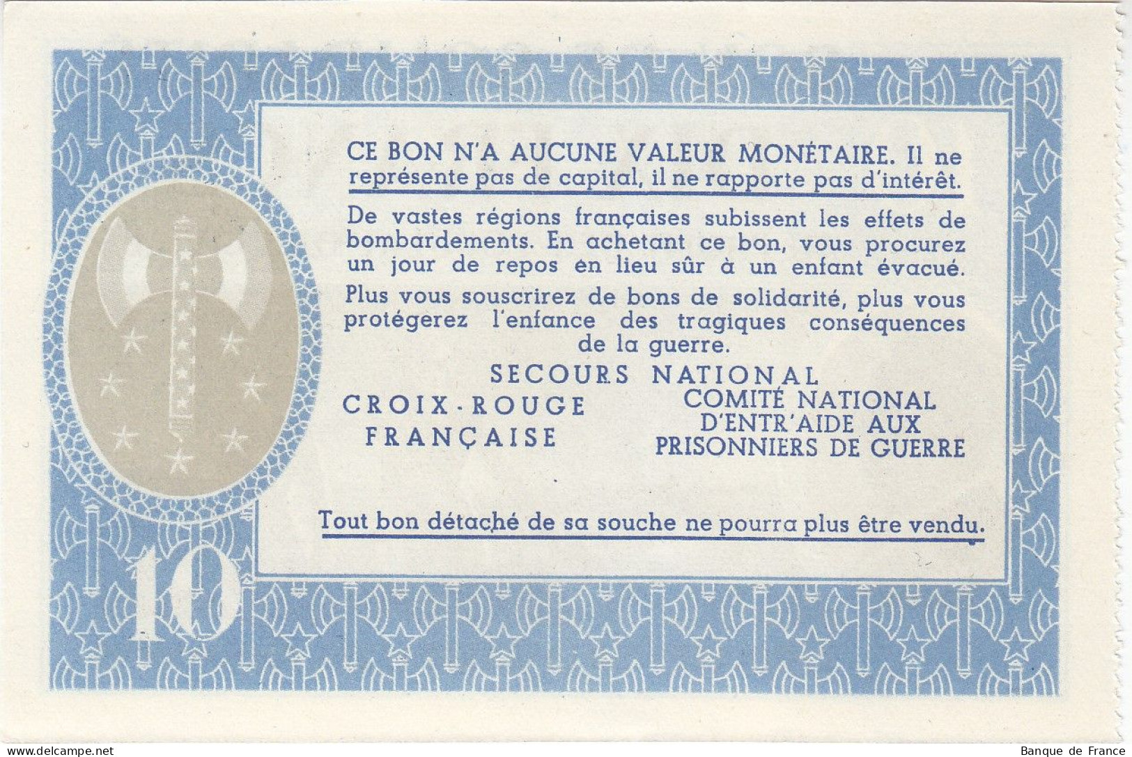 Bon De Solidarité France 10 Francs - Pétain 1941 / 1942 KL.07 NEUF - Bonos