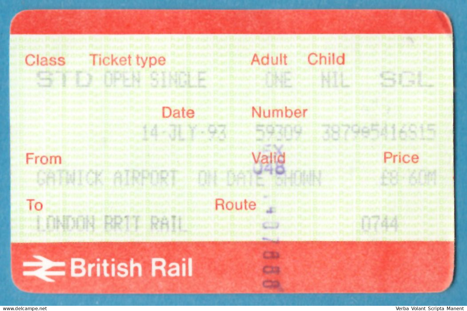 H-0600 * Great Britain - British Rail Ticket From Gatwick Airport To London Brit Rail, 1993 - Europa