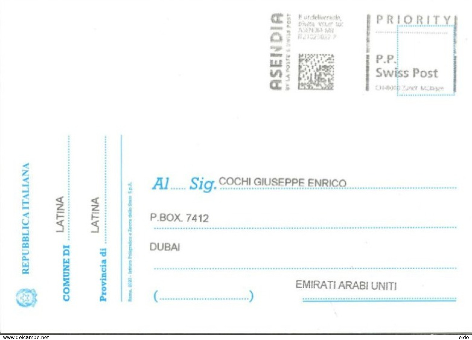 SWITZERLAND - 2023, POSTAL FRANKING MACHINE OF ITALIAN LATINA COMMUNITY CARD TO DUBAI. - Altri & Non Classificati