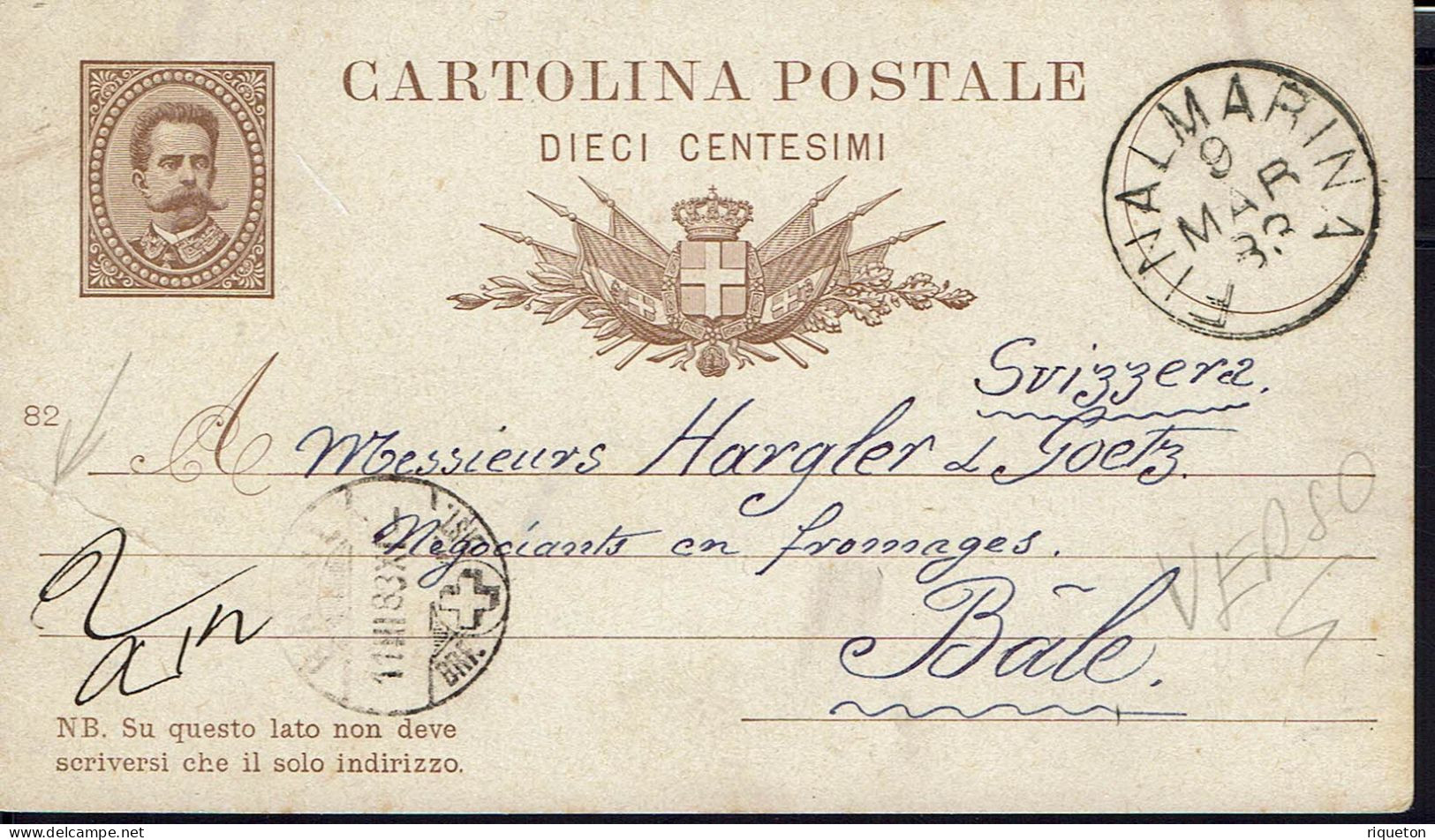 Italie. Carte Entier Postal Umberto I De Finalmarina Du 9 Mars 1883, à Destination De Bâle. Suisse. - Entiers Postaux