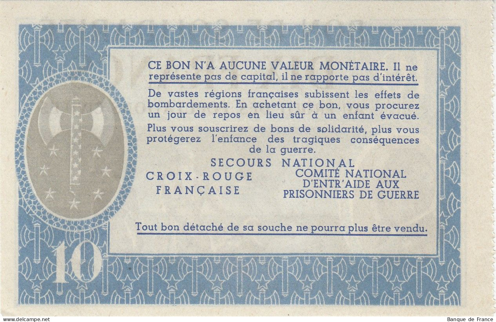 Bon De Solidarité France 10 Francs - Pétain 1941 / 1942 KL.07 NEUF - Bons & Nécessité