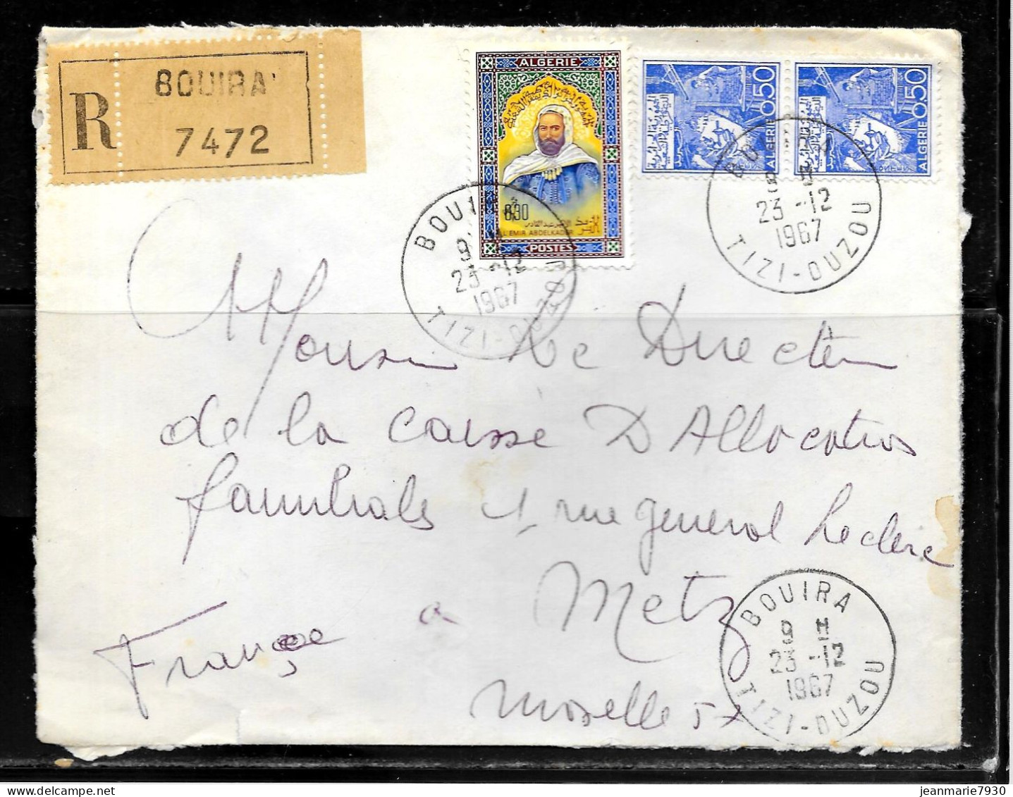 CC240 - ALGERIE - LETTRE RECOMMANDEE DE BOUIRA TIZI OUZOU DE 1967 POUR METZ - Algeria (1962-...)