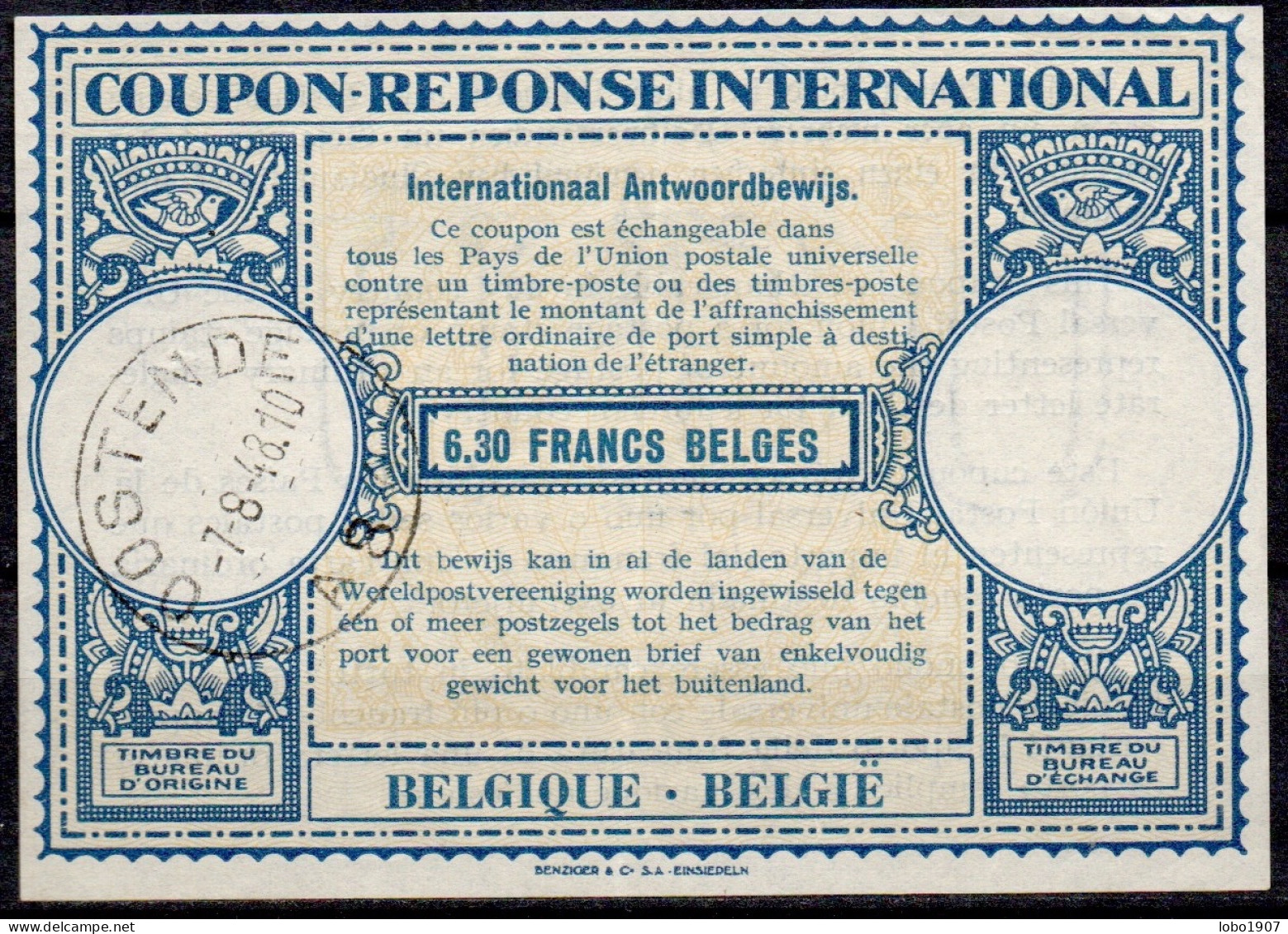 BELGIQUE BELGIE BELGIUM 1948, Lo14o  6.30 FRANCS BELGES International Reply Coupon Reponse Antwortschein IAS IRC  O BRUX - International Reply Coupons