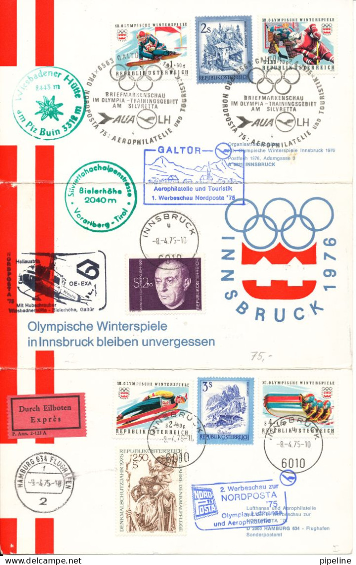 Austria 3 Postcard In A Folder With A Lot Of Stamps And Postmarks 8-4 And 9-4-1975 Balloon Flight Helicopter Flight - Invierno 1976: Innsbruck