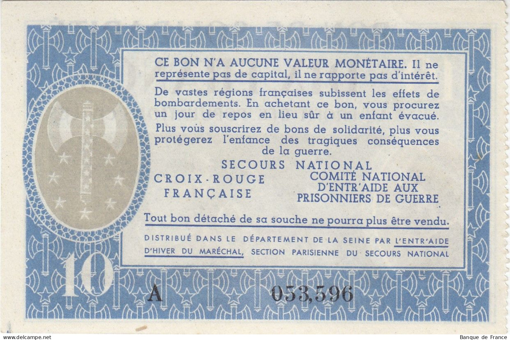 Bon De Solidarité France 10 Francs - Pétain 1941 / 1942 KL.07 NEUF Série A - Bons & Nécessité