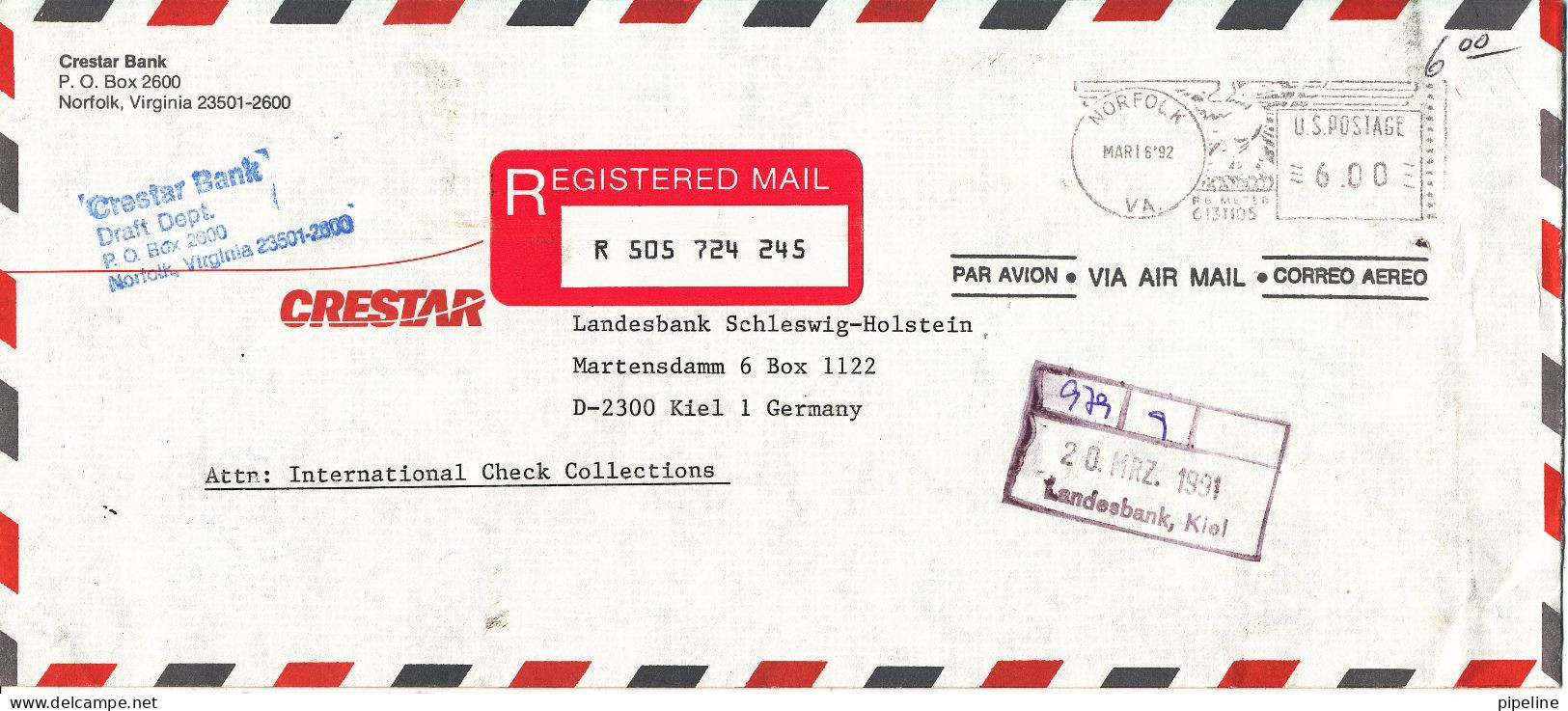 USA Registered Air Mail Bank Cover With Meter Cancel Sent To Germany Norfolk 16-3-1992 - Lettres & Documents