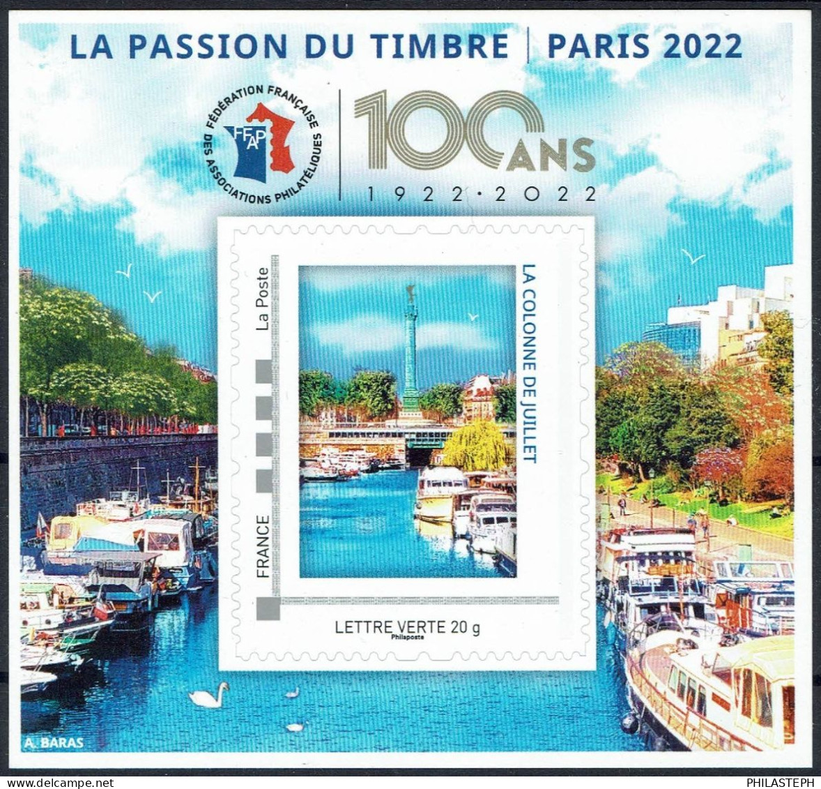 FRANCE BLOC FFAP 20 2022 - 100 ANS -  La Passion Du Timbre .- TVP Adhésif  La Colonne De Juillet - FFAP