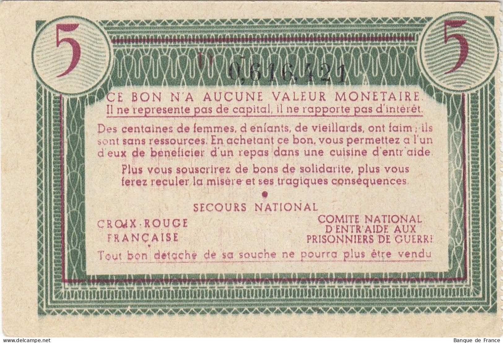 Bon De Solidarité France 5 Francs - Pétain 1941 / 1942 KL.05B NEUF Verso Rouge - Bons & Nécessité