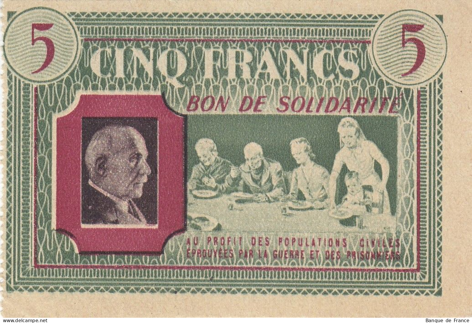 Bon De Solidarité France 5 Francs - Pétain 1941 / 1942 KL.05B NEUF Verso Rouge - Bons & Nécessité