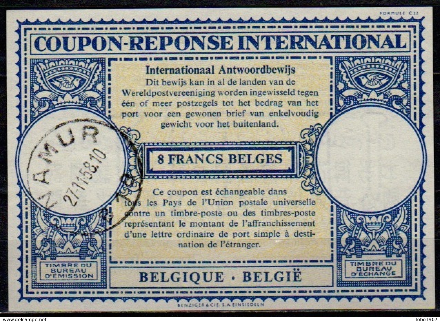 BELGIQUE BELGIE BELGIUM  Lo16n  8 FRANCS BELGES Int. Reply Coupon Reponse Antwortschein IAS IRC  NAMUR 27.11.58 - Coupons-réponse Internationaux