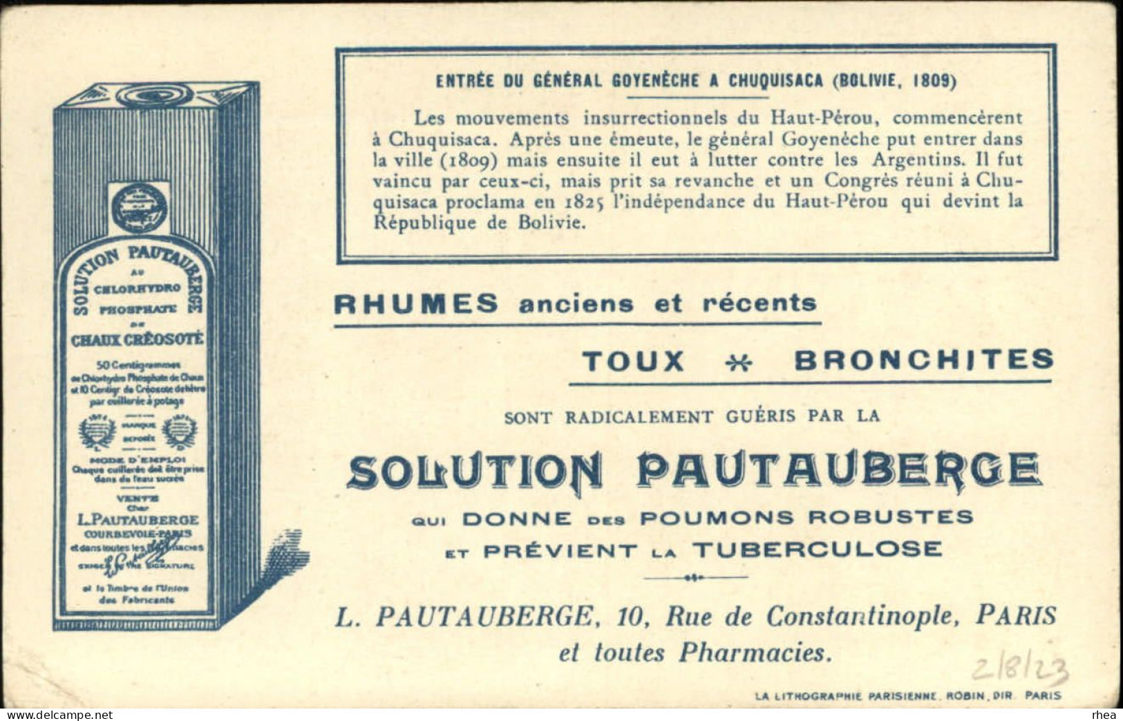 BOLIVIE - Entré Du Général Goyenèche à CHUQUISACA - Solution Pautauberge - Carte Publicitaire - Bolivien