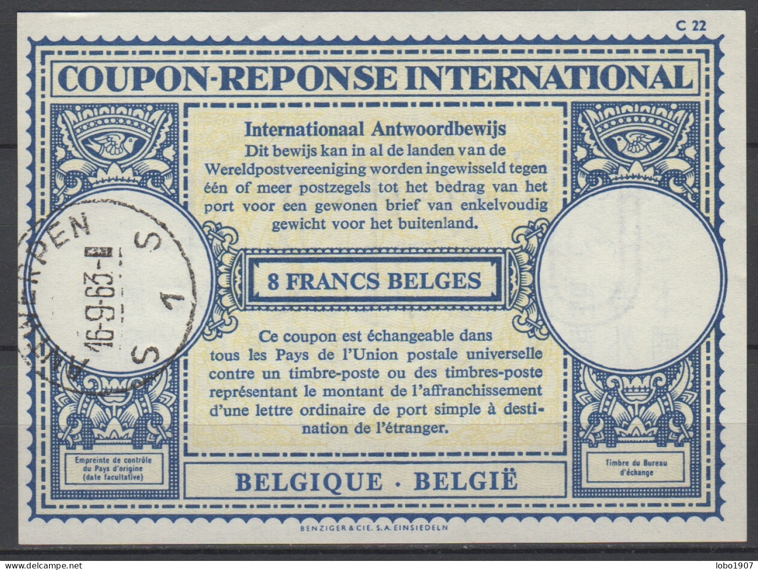 BELGIQUE BELGIE BELGIUM  Lo17  8 FRANCS BELGES Int. Reply Coupon Reponse Antwortschein IAS IRC  ANTWERPEN 16.09.63 - International Reply Coupons