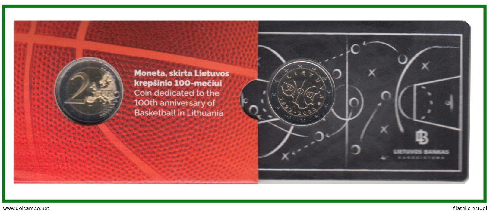 Lituania 2022 Cartera Oficial Coin Card Moneda 2 € Conm Baloncesto - Altri & Non Classificati