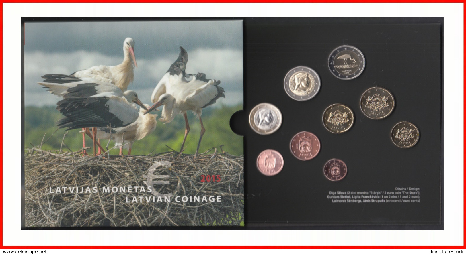 Letonia Latvija 2015 Cartera Oficial Monedas € Euro Cigüeña Stork - Altri & Non Classificati