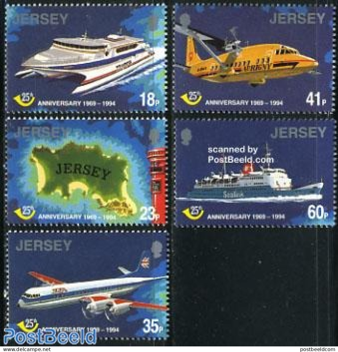 Jersey 1994 Postal Service 5v, Mint NH, Transport - Various - Post - Aircraft & Aviation - Ships And Boats - Joint Iss.. - Post