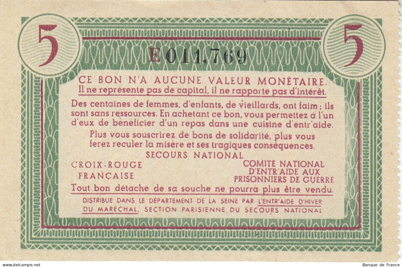 Bon De Solidarité France 5 Francs - Pétain 1941 / 1942 KL.05B NEUF Verso Rouge Série E - Bons & Nécessité