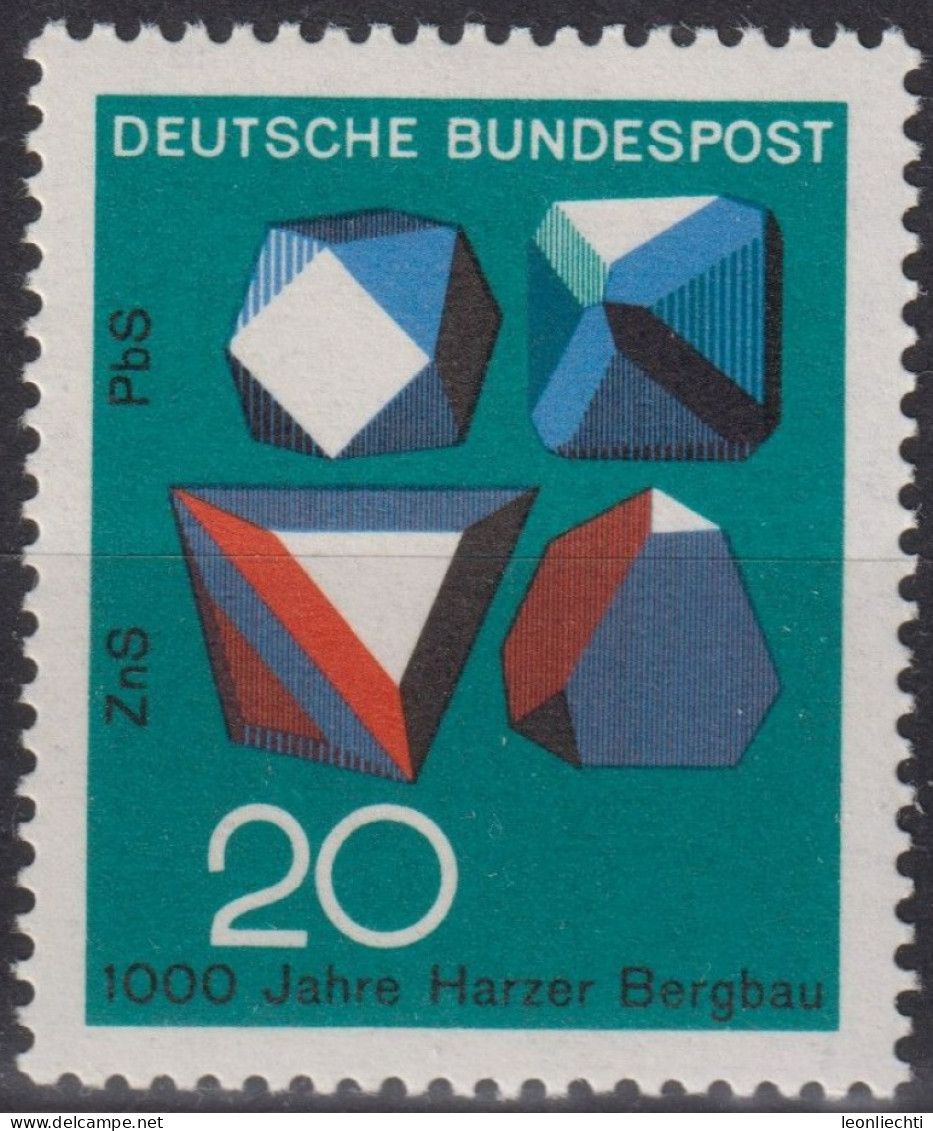 1968 Deutschland > BRD, ** Mi:DE 547, Sn:DE 979, Yt:DE 412, Erzkristalle (ZnS + PbS ) 150 Jahre Harzer Bergbau - Minerales