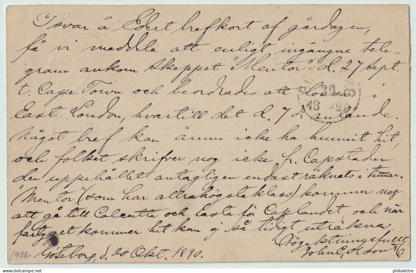 SUÈDE / SWEDEN - 1890 - TPO CDS Type 2 "PKXP. N°8 C. UPP." (Laxå-Göteborg) On 5ö Postal Card Mi.P12aA To Söderköping - Cartas & Documentos