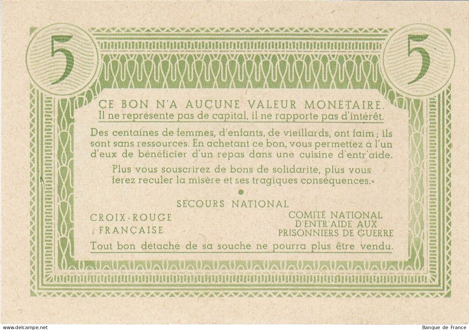 Bon De Solidarité France 5 Francs - Pétain 1941 / 1942 KL.05A NEUF Verso Vert - Bonds & Basic Needs