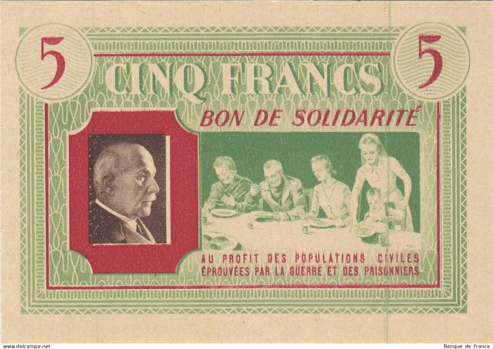 Bon De Solidarité France 5 Francs - Pétain 1941 / 1942 KL.05A NEUF Verso Vert - Bons & Nécessité