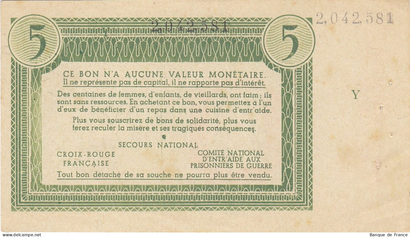 Bon De Solidarité France 5 Francs - Pétain 1941 / 1942 KL.05A Verso Vert Série Y - Bons & Nécessité