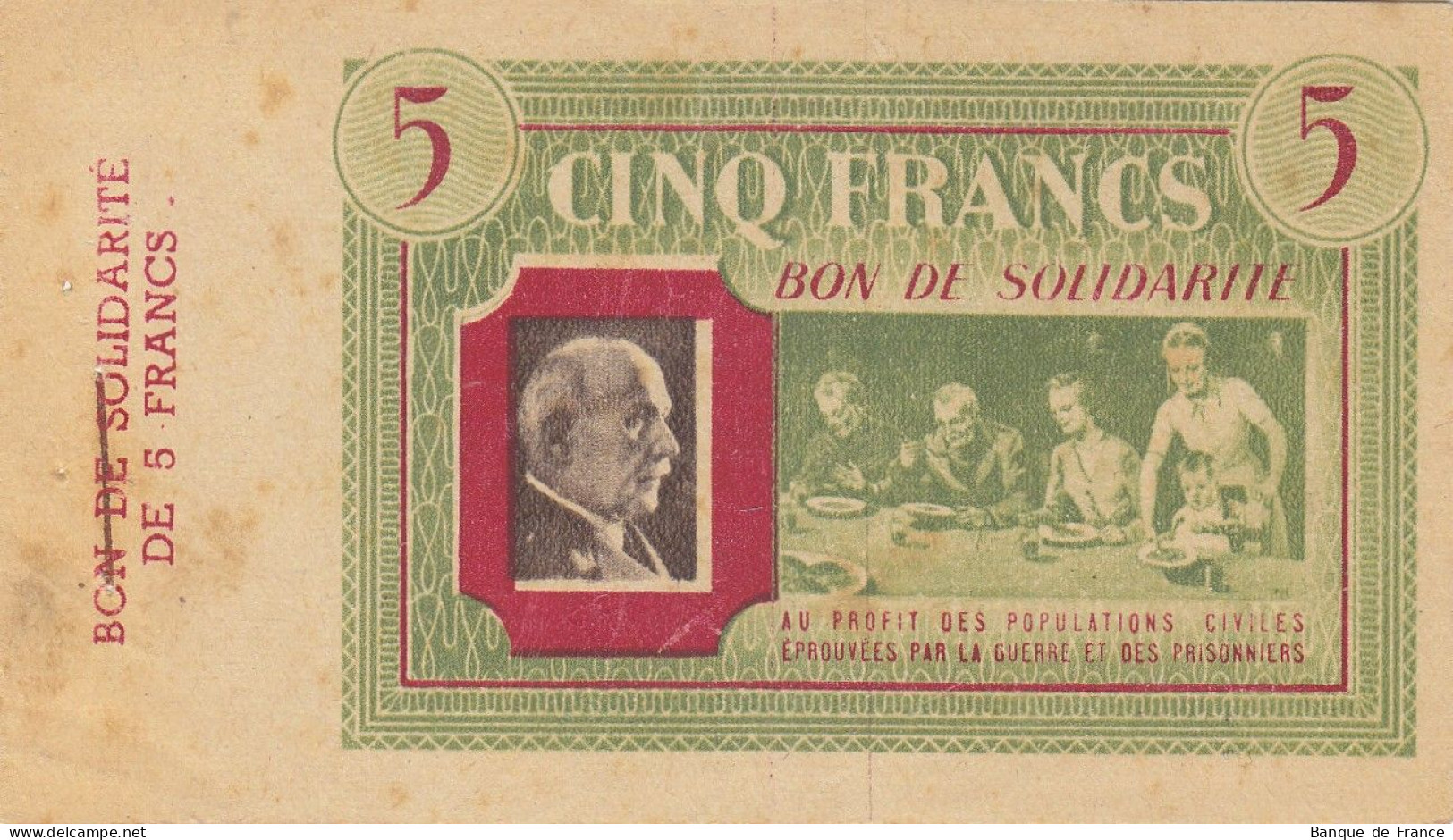 Bon De Solidarité France 5 Francs - Pétain 1941 / 1942 KL.05A Verso Vert Série Y - Bons & Nécessité