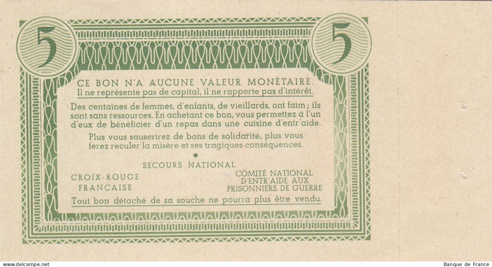 Bon De Solidarité France 5 Francs - Pétain 1941 / 1942 KL.05A Verso Vert Avec Souche - Bons & Nécessité