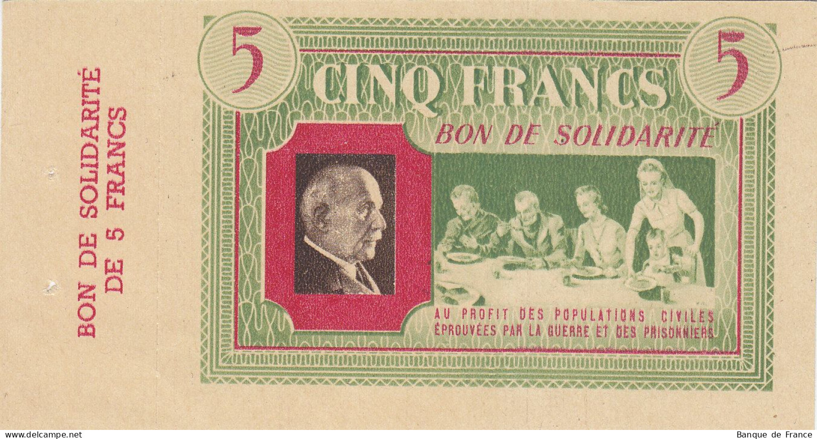 Bon De Solidarité France 5 Francs - Pétain 1941 / 1942 KL.05A Verso Vert Avec Souche - Notgeld