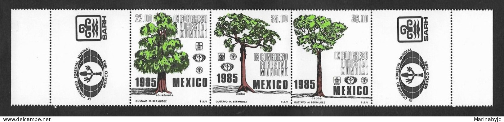 SE)1985 MEXICO  9TH WORLD FORESTRY CONGRESS, TREES SCT 1392A, STRIP OF 3 MNH - Mexico