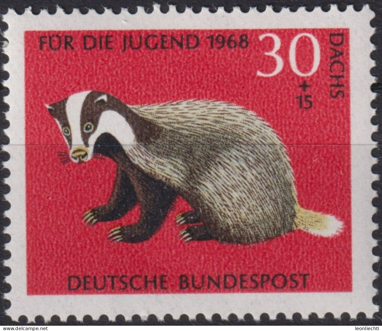 1968 Deutschland > BRD, ** Mi:DE 551, Sn:DE B432, Yt:DE 416, Europäischer Dachs, Wildtiere - Selvaggina