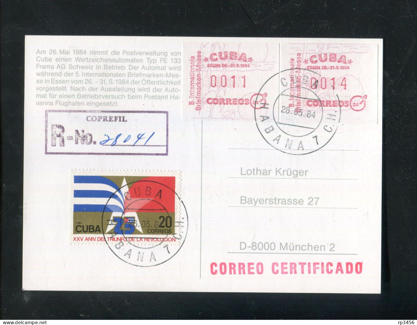 "KUBA" 1984, Reco-Karte U.a. Mit Automatenmarken Frankiert Nach Deutschland (R0064) - Briefe U. Dokumente