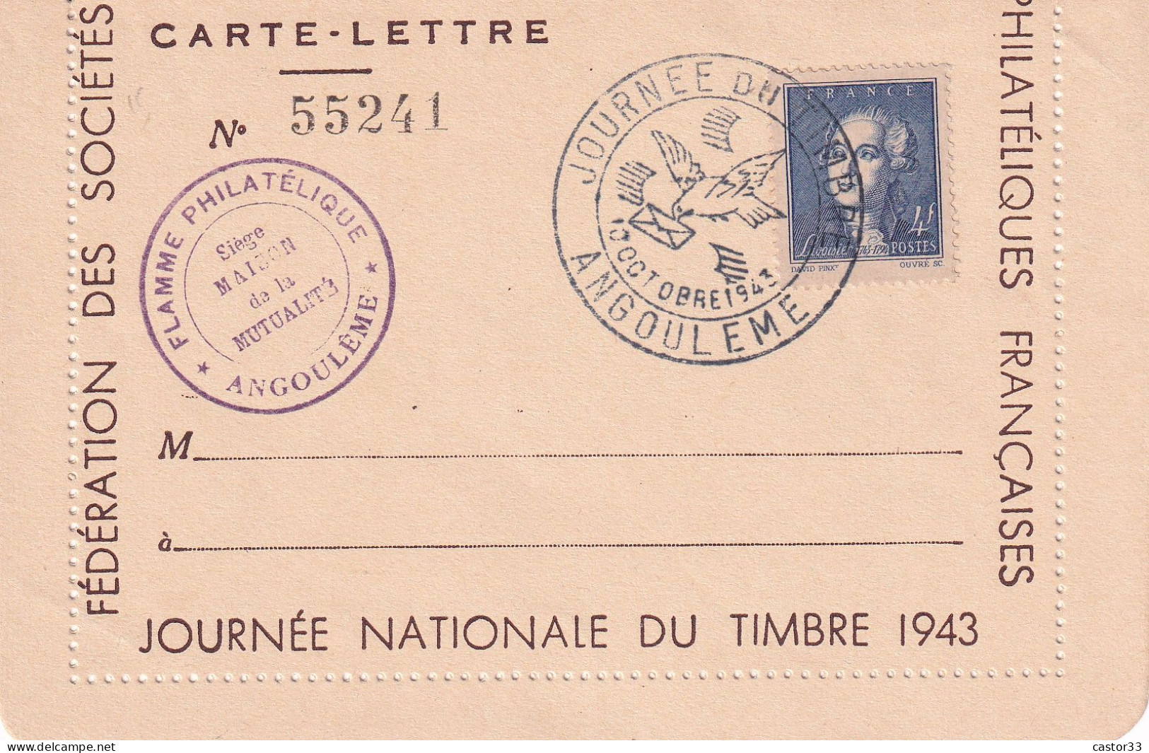 Journée Nationale Du Timbre 1943, Carte Lettre Angoulême - Tag Der Briefmarke