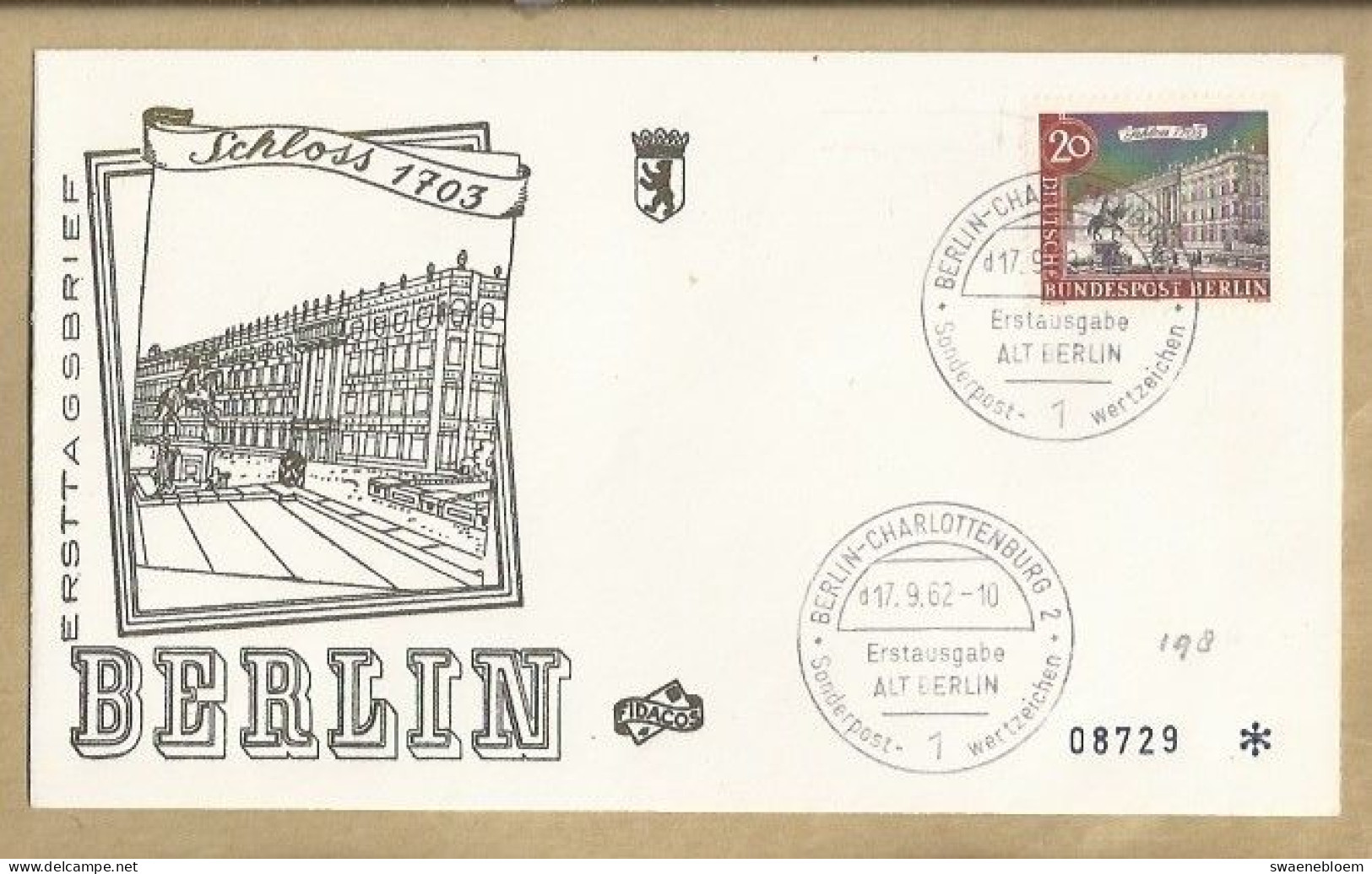 ERSTTAGBRIEF. ERSTAUSGABE. ALT BERLIN. BERLIN-CHARLOTTENBURG 2. D17.9.62 -10. SCHLOSS 1703. - 1948-1970