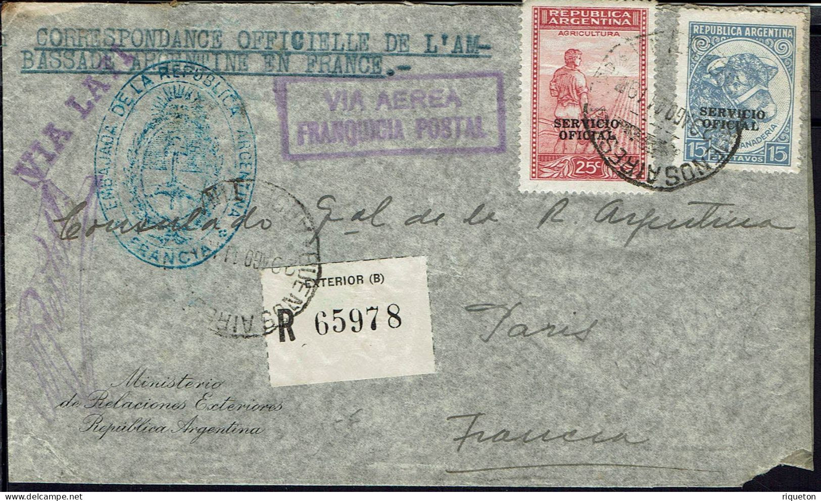 Argentine. 1941.Corr. Officielle Rec. De L'Ambassade, Buenos Aires, Via Condor Lati Pour Le Consulat D Argentine Paris. - Aéreo