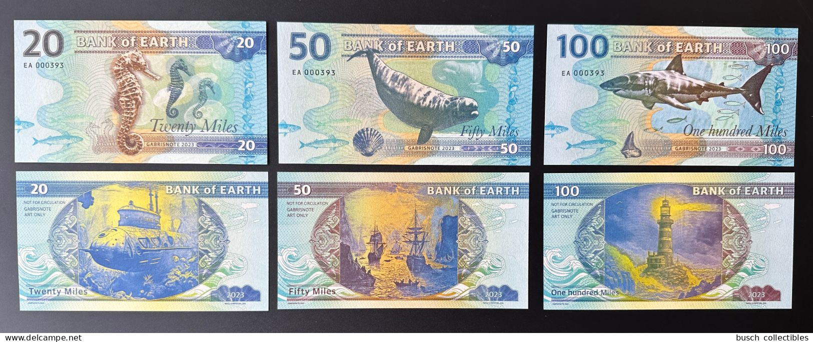 2023 Matej Gabris 20 50 100 Miles Bank Of Earth Fish Shark Lighthouse Boat Marine Fauna UNC SPECIMEN ESSAY Tirage Limité - Fictifs & Spécimens