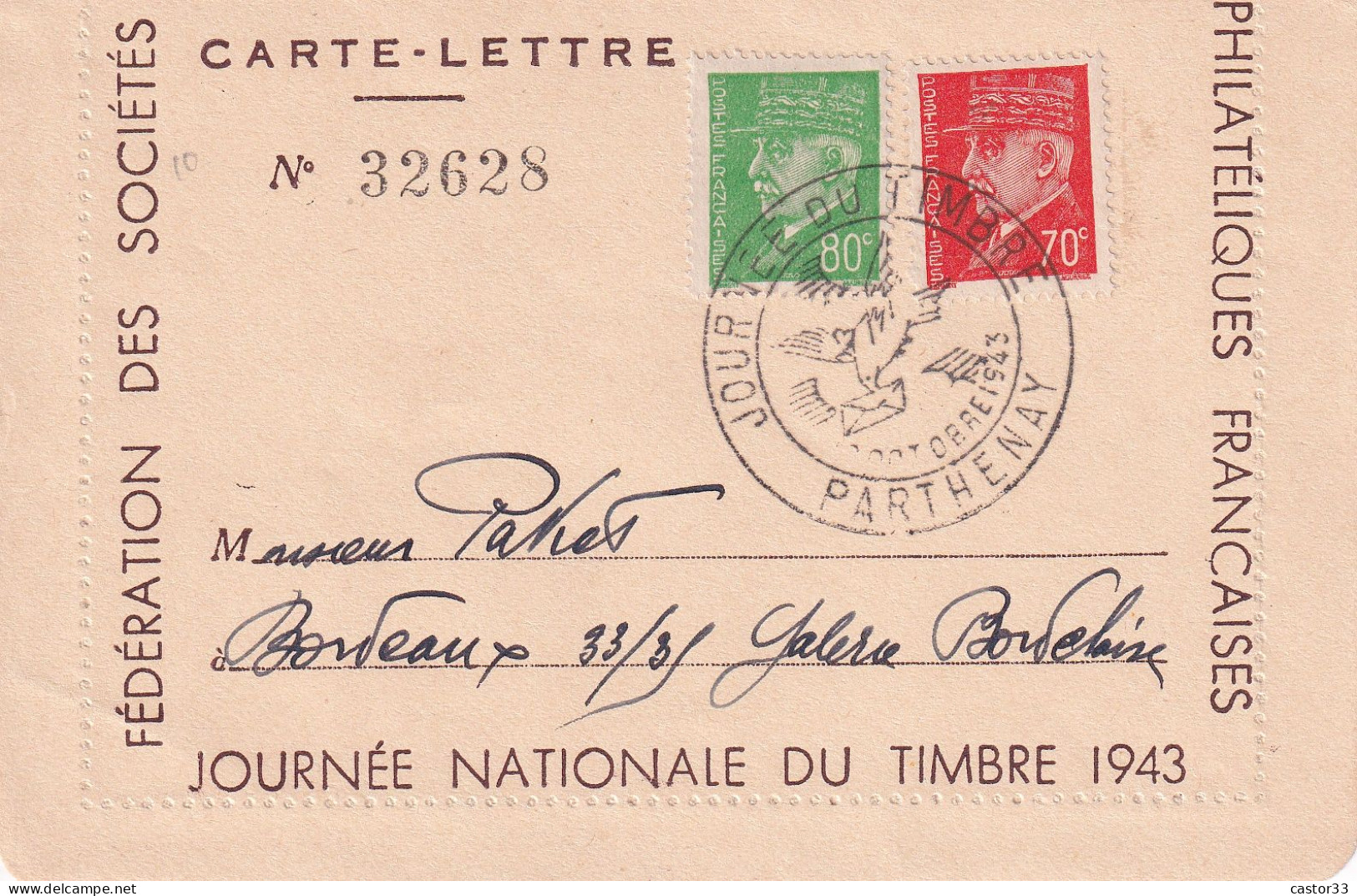 Journée Nationale Du Timbre 1943, Carte Lettre Parthenay - Tag Der Briefmarke