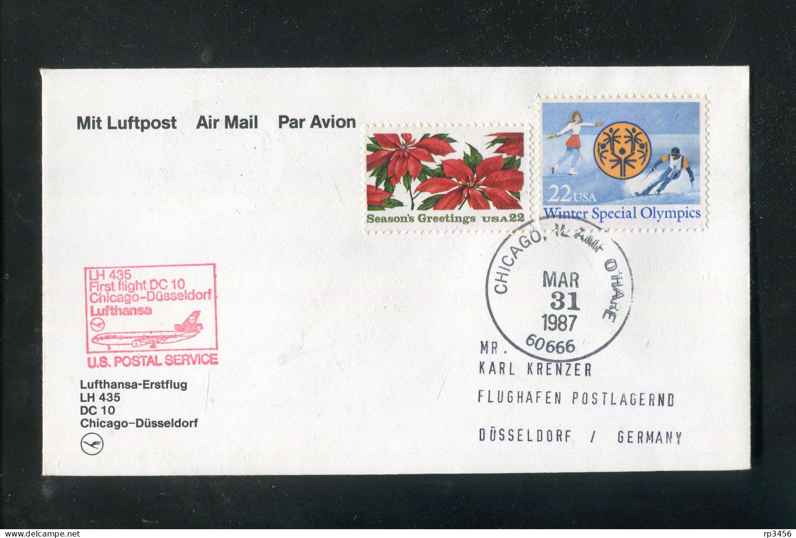 "USA" 1987, Erstflugbrief LH 435 Mit DC 10 "Chicago-Duesseldorf" (R0066) - 3c. 1961-... Brieven