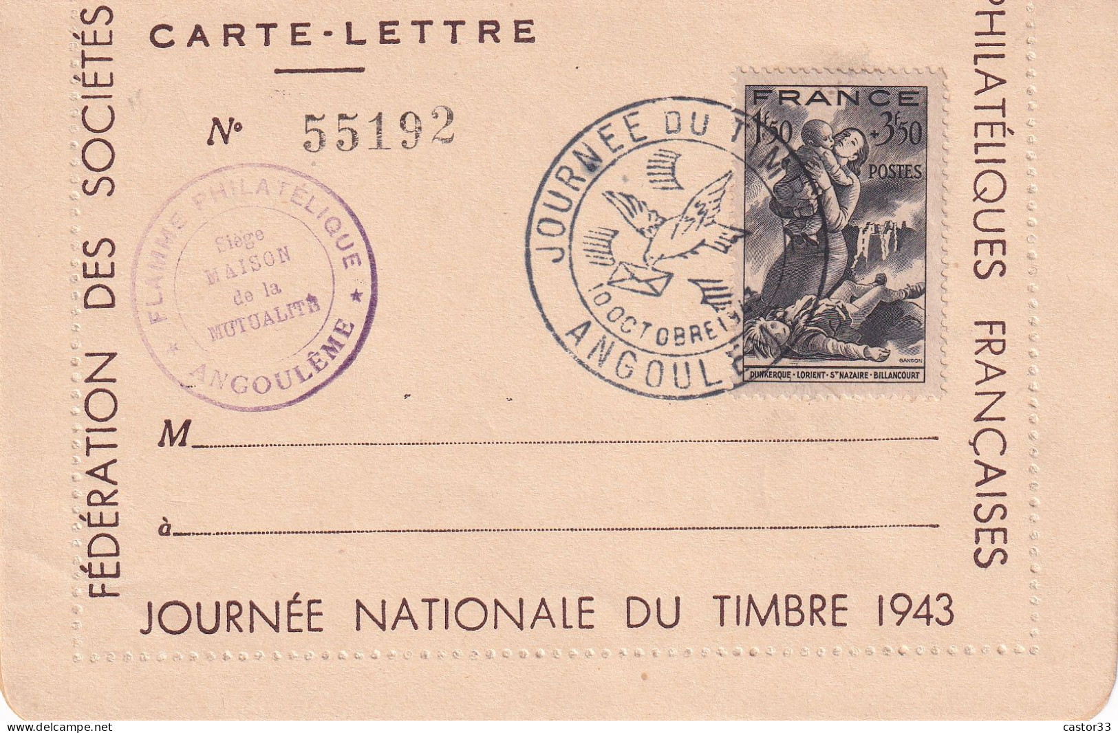 Journée Nationale Du Timbre 1943, Carte Lettre Angoulême - Tag Der Briefmarke