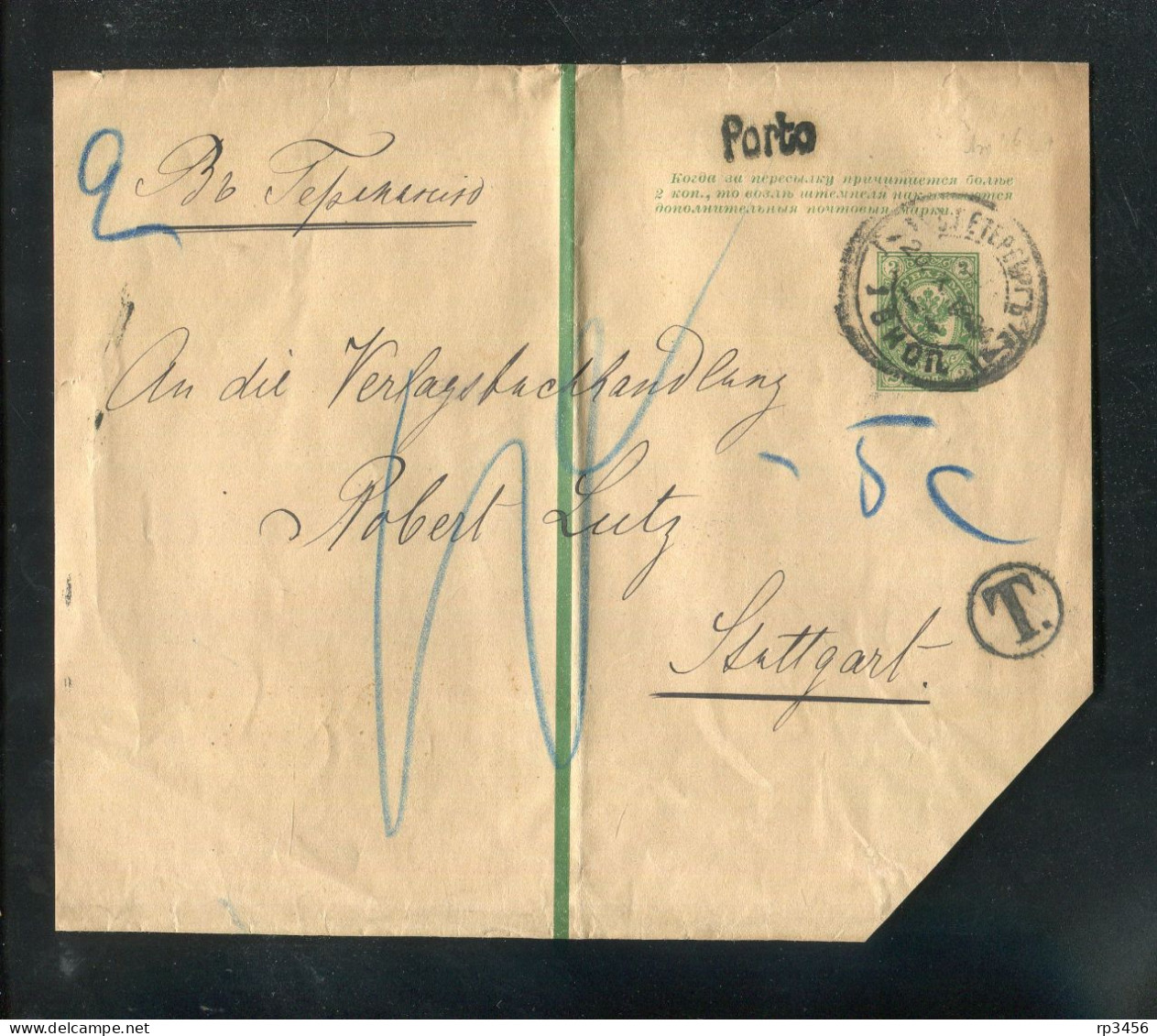 "RUSSLAND" 1891, Streifband Mi. S 4B Nach Stuttgart, L1 "Porto" Und Tax-K1 (R0067) - Entiers Postaux
