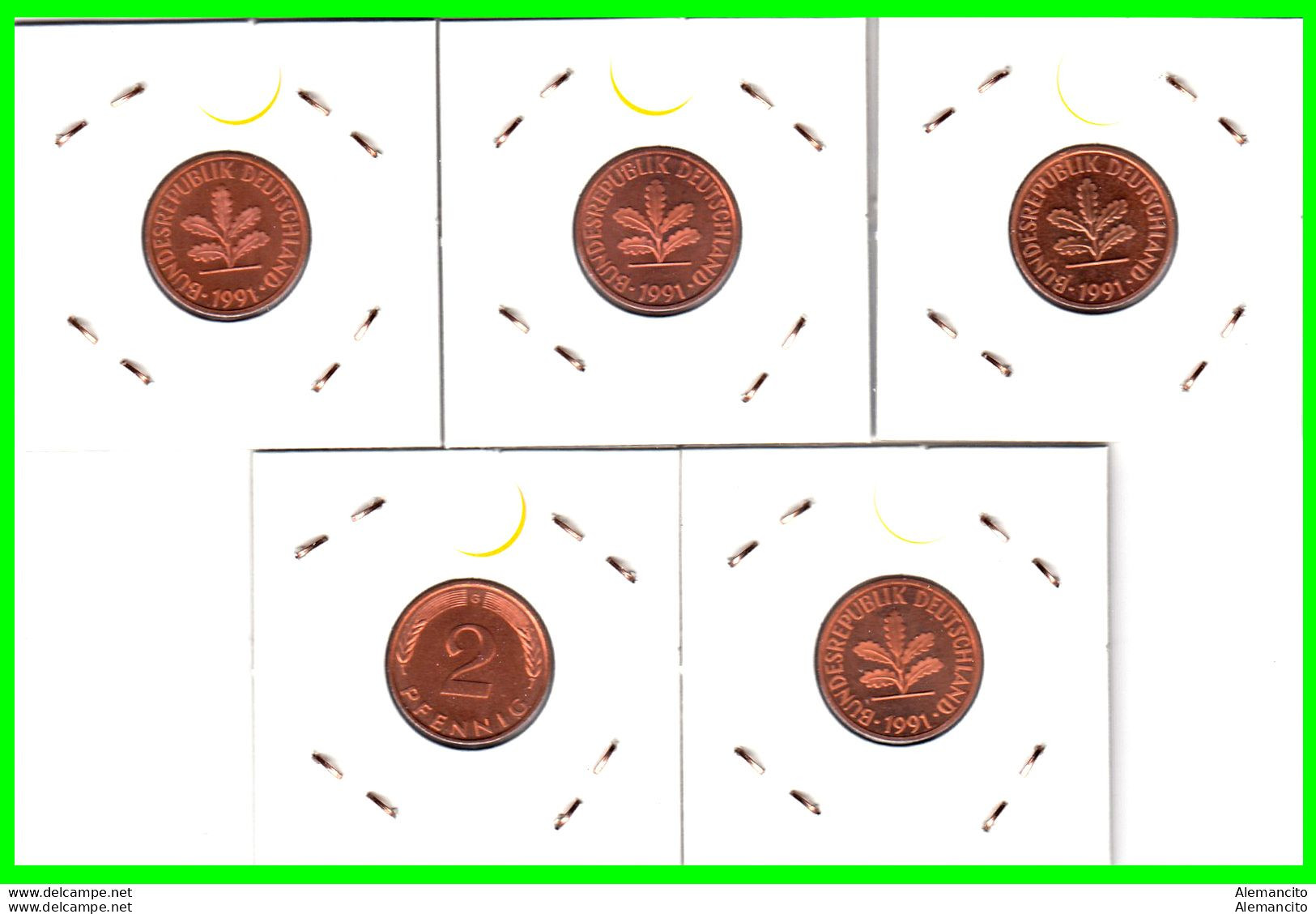 ALEMANIA – GERMANY - ( REPUBLICA FEDERAL ) SERIE DE LAS 5 MONEDAS DE 2.- PFENNING . AÑO 1991 LAS 5 CECAS - 2 Pfennig